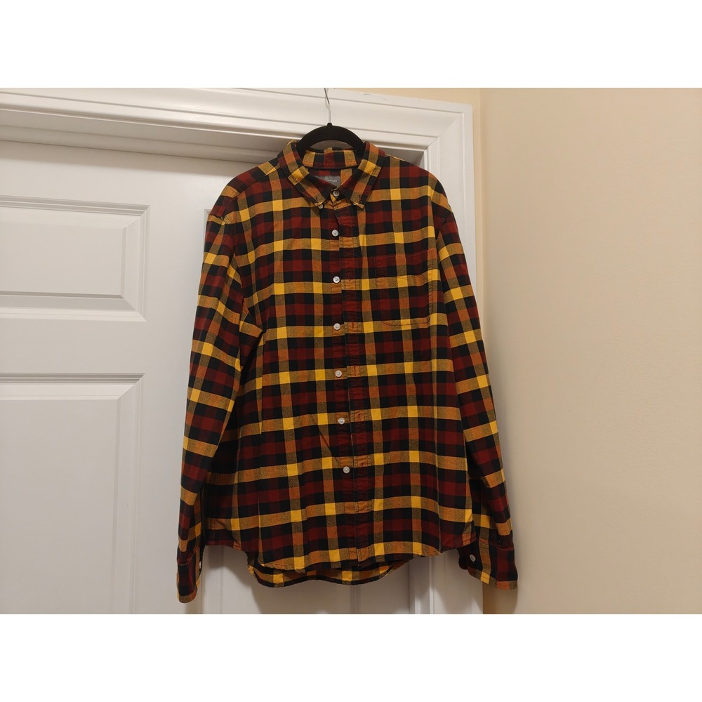 LL Bean Signature Mens Slim Fit Plaid Flannel‎ Shirt Yellow Red Black L 300556